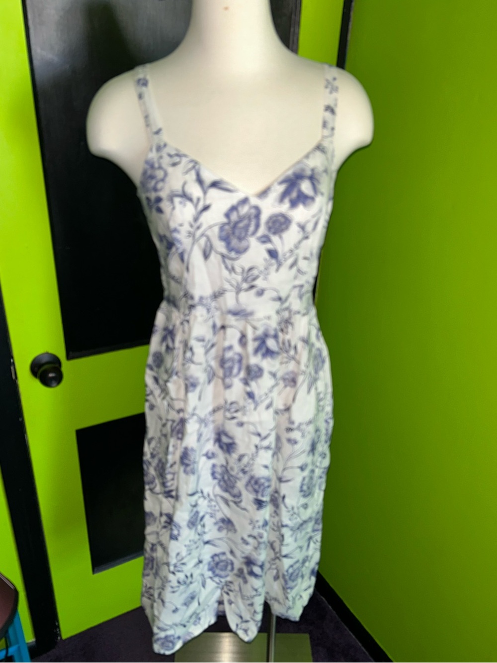 Blue and White Floral Linen Midi Dress